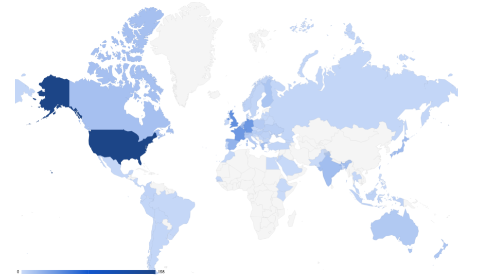 'World map showing distribution of respondants'